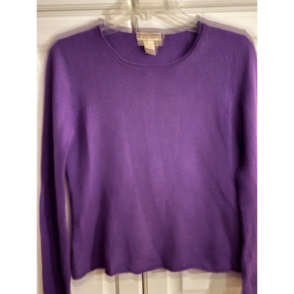 Simply Cashmere Purple 100% 2-Ply Cashmere Crew Neck Sweater Rolled Hem Medium